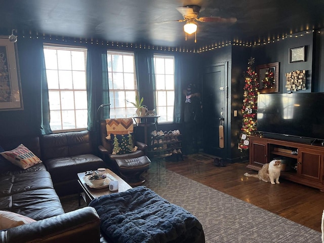 living room featuring hardwood / wood-style flooring and ceiling fan