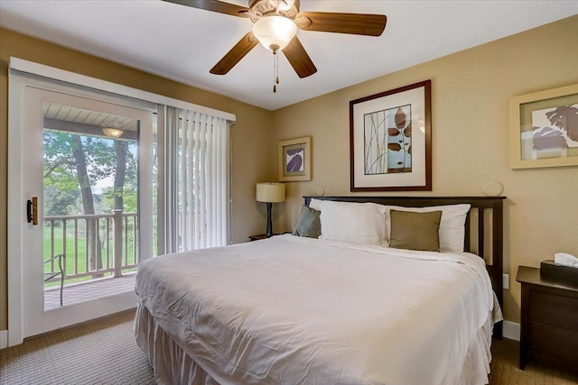 carpeted bedroom featuring ceiling fan and access to outside