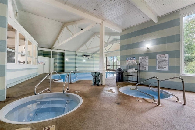 interior space with high vaulted ceiling, a jacuzzi, and concrete flooring