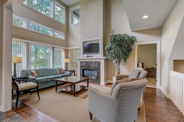 living room featuring dark hardwood / wood-style flooring, a wealth of natural light, and a high end fireplace