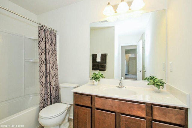 full bathroom featuring vanity, toilet, and shower / bathtub combination with curtain