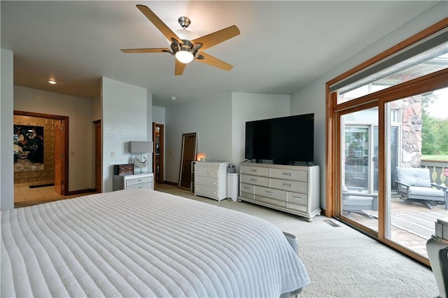 bedroom with light carpet, access to exterior, and ceiling fan