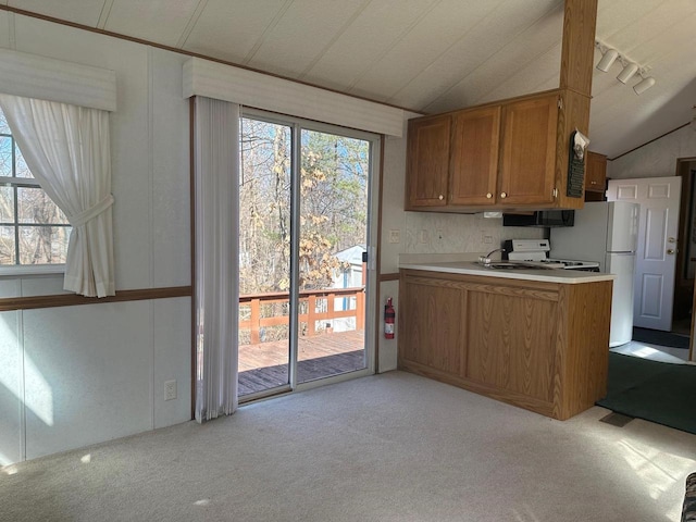 kitchen featuring vaulted ceiling, kitchen peninsula, light colored carpet, and range