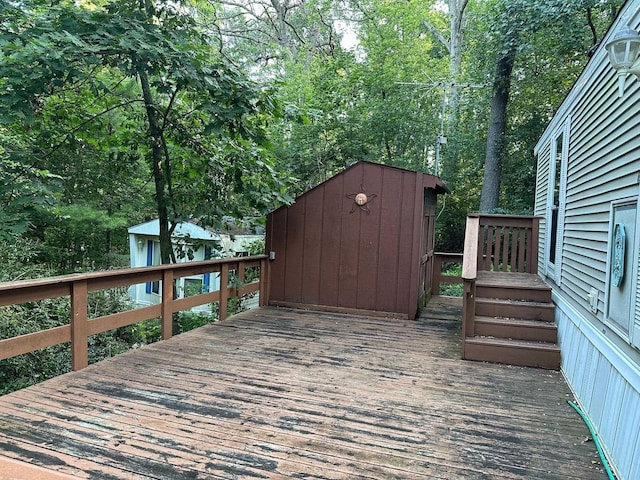 deck featuring a shed