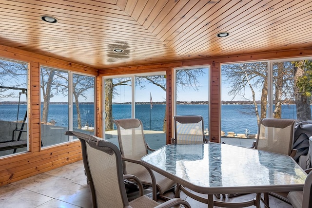 W1188 Spring Grove Rd, Green Lake, WI 54971 - sunroom / solarium featuring wooden ceiling and a water view