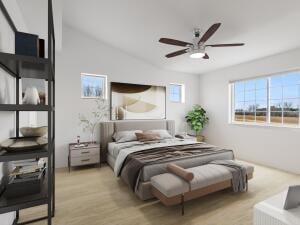 bedroom featuring ceiling fan, light hardwood / wood-style flooring, and vaulted ceiling