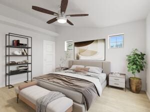 bedroom with lofted ceiling, ceiling fan, and light hardwood / wood-style flooring