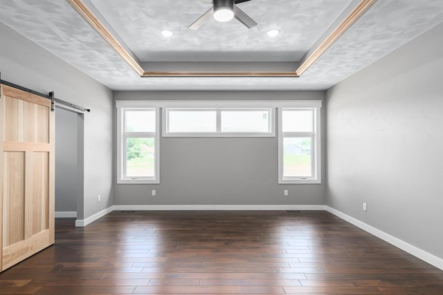 unfurnished bedroom with a barn door, a raised ceiling, and multiple windows