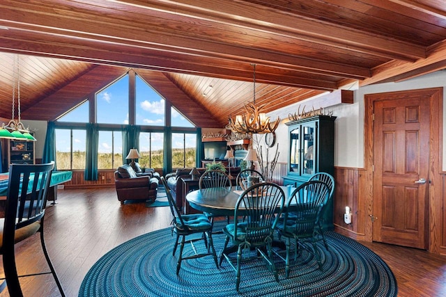 dining area featuring wooden ceiling, an inviting chandelier, lofted ceiling with beams, and dark hardwood / wood-style flooring