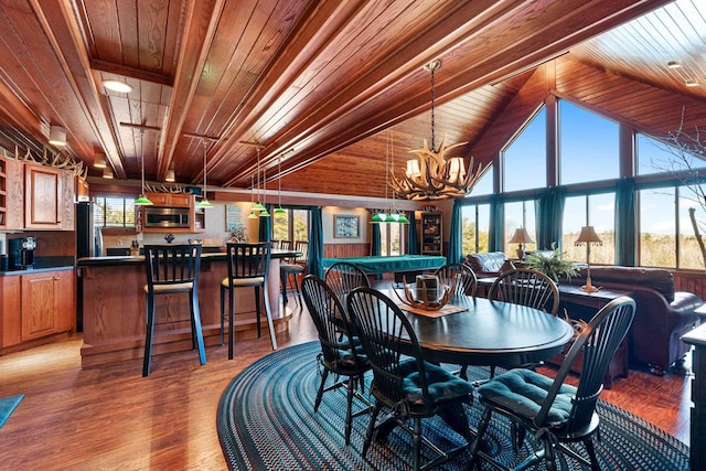 dining area featuring a chandelier, hardwood / wood-style floors, and wooden ceiling