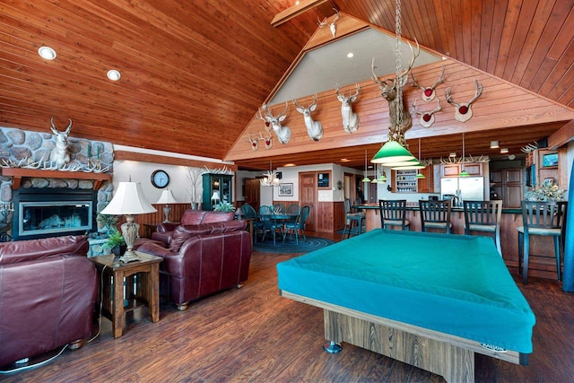 game room featuring pool table, wooden ceiling, a fireplace, and dark wood-type flooring