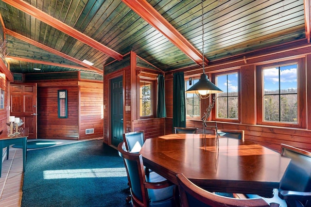 unfurnished dining area featuring wood ceiling, dark carpet, wood walls, and lofted ceiling with beams