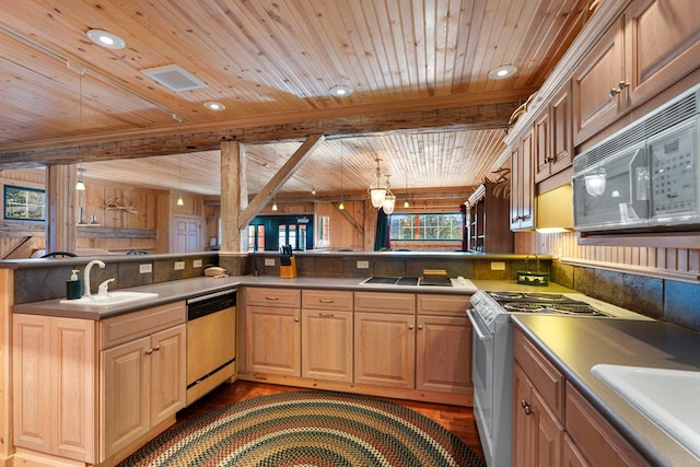 kitchen with white appliances, dark hardwood / wood-style flooring, sink, kitchen peninsula, and wood ceiling