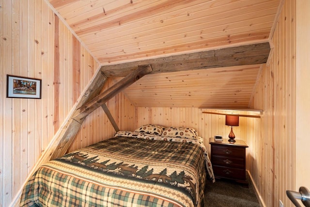 bedroom featuring wood walls, lofted ceiling, and wooden ceiling