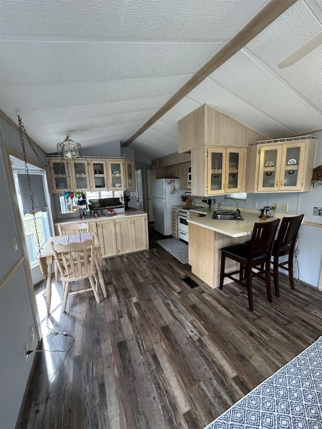 kitchen with sink, white fridge, dark hardwood / wood-style flooring, a breakfast bar, and range with gas cooktop