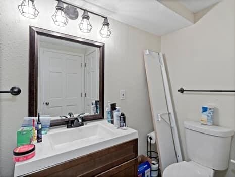 bathroom with toilet and large vanity