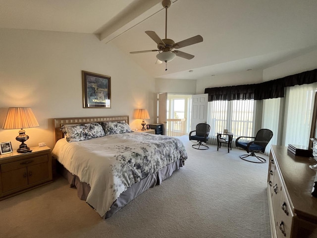 carpeted bedroom with ceiling fan, high vaulted ceiling, and beamed ceiling