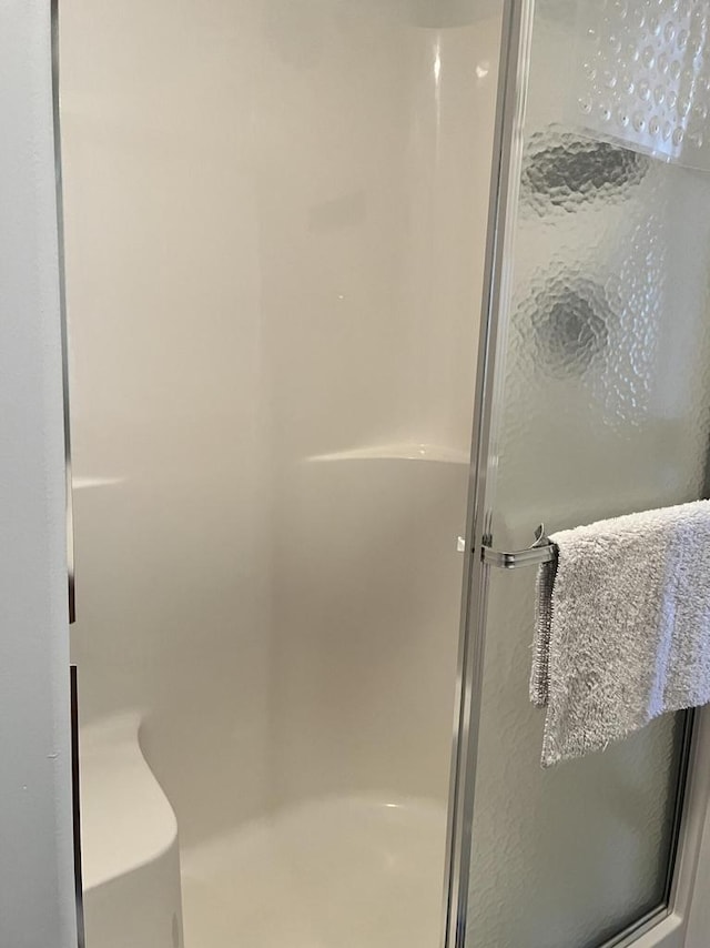 bathroom with a shower with shower door