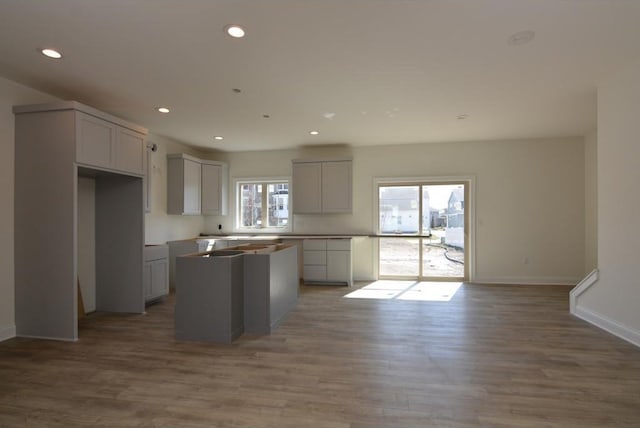 kitchen featuring a center island, gray cabinetry, and hardwood / wood-style flooring