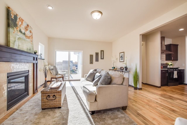 living room featuring light hardwood / wood-style flooring and a fireplace