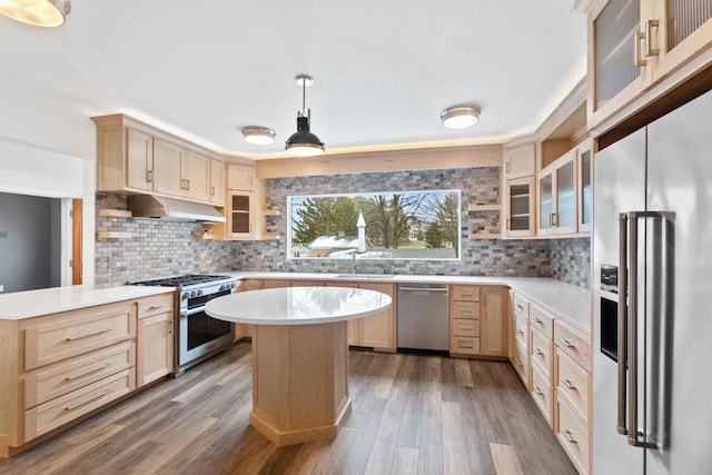 kitchen featuring hardwood / wood-style flooring, tasteful backsplash, stainless steel appliances, and light brown cabinetry