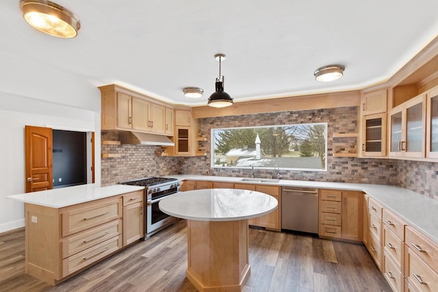 kitchen featuring a center island, hanging light fixtures, hardwood / wood-style floors, stainless steel appliances, and tasteful backsplash