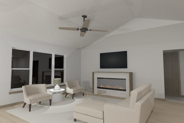 living room with lofted ceiling, ceiling fan, built in features, and light hardwood / wood-style flooring