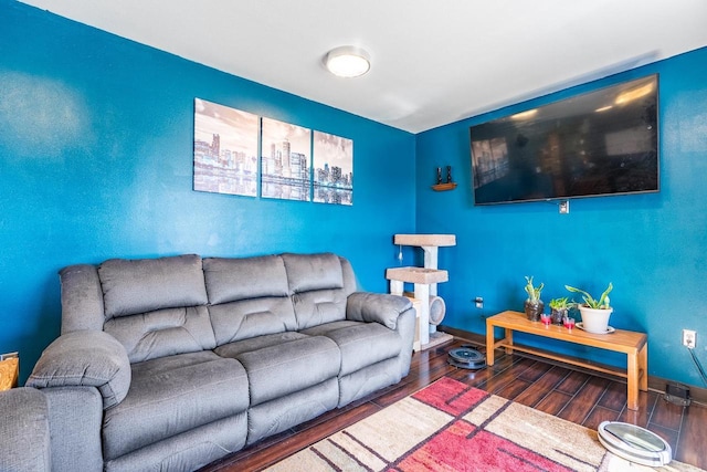 living room with dark hardwood / wood-style flooring