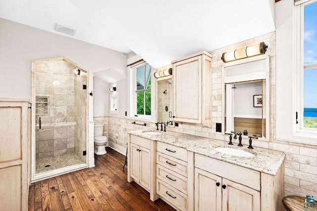 bathroom with dual vanity, walk in shower, toilet, and plenty of natural light