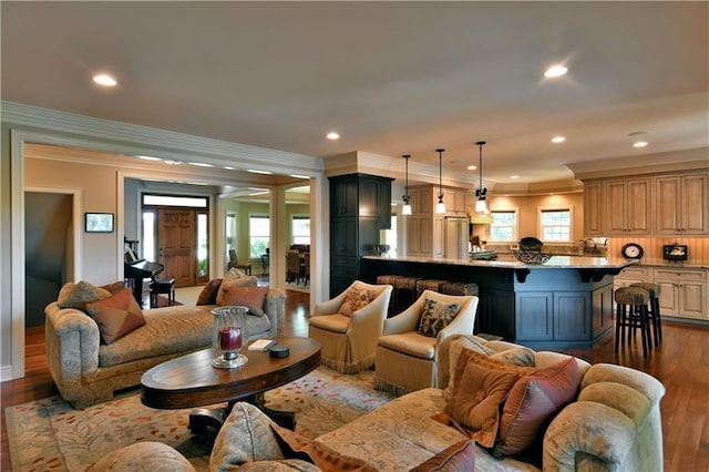 living room with ornamental molding and dark wood-type flooring