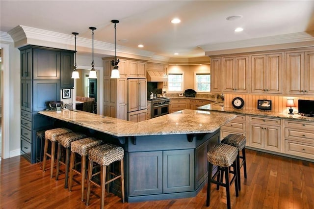 kitchen featuring a breakfast bar, high quality appliances, dark hardwood / wood-style floors, a center island, and pendant lighting