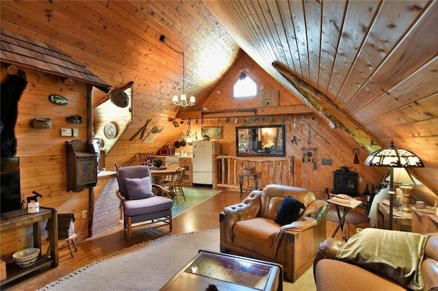 living room featuring a wood stove, vaulted ceiling, dark hardwood / wood-style flooring, wood ceiling, and a chandelier