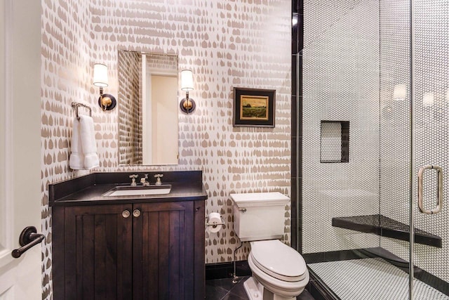 9809 Trappers Trl, Middleton, WI 53562 - bathroom with a shower with shower door, tile floors, toilet, and vanity