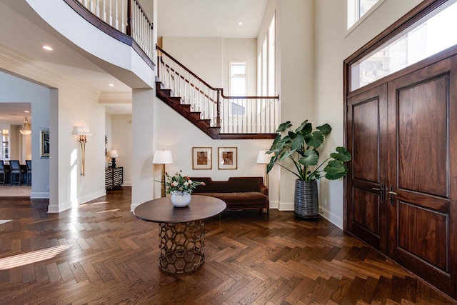 9809 Trappers Trl, Middleton, WI 53562 - foyer featuring a towering ceiling and dark parquet flooring