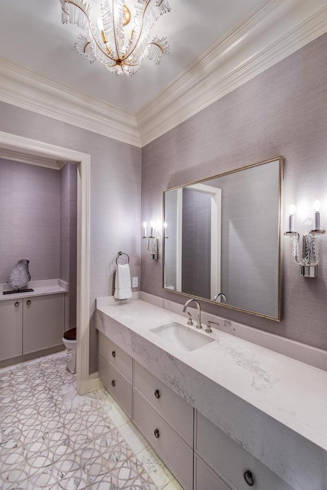 9809 Trappers Trl, Middleton, WI 53562 - bathroom with oversized vanity, tile flooring, ornamental molding, and a chandelier