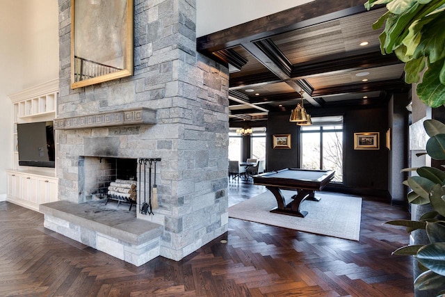 9809 Trappers Trl, Middleton, WI 53562 - rec room with dark parquet floors, beamed ceiling, coffered ceiling, a stone fireplace, and pool table