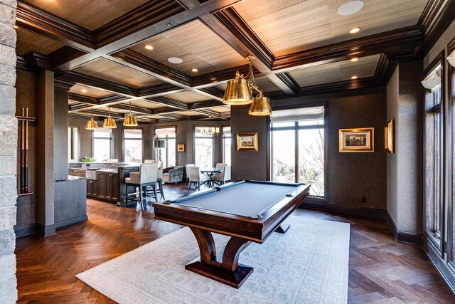 9809 Trappers Trl, Middleton, WI 53562 - game room featuring crown molding, coffered ceiling, billiards, and dark parquet floors