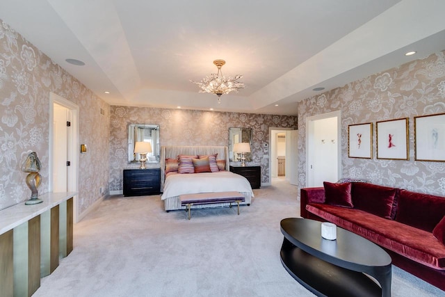 9809 Trappers Trl, Middleton, WI 53562 - bedroom with a notable chandelier, light colored carpet, and a tray ceiling