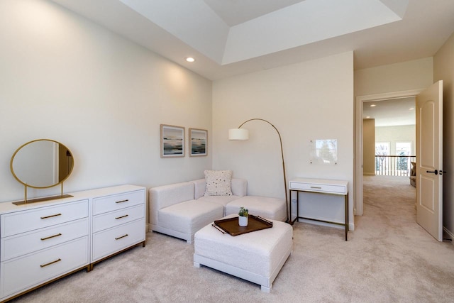 9809 Trappers Trl, Middleton, WI 53562 - living area featuring light carpet and a raised ceiling