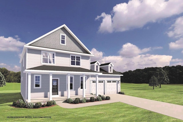 view of front of property featuring covered porch, a front lawn, and a garage