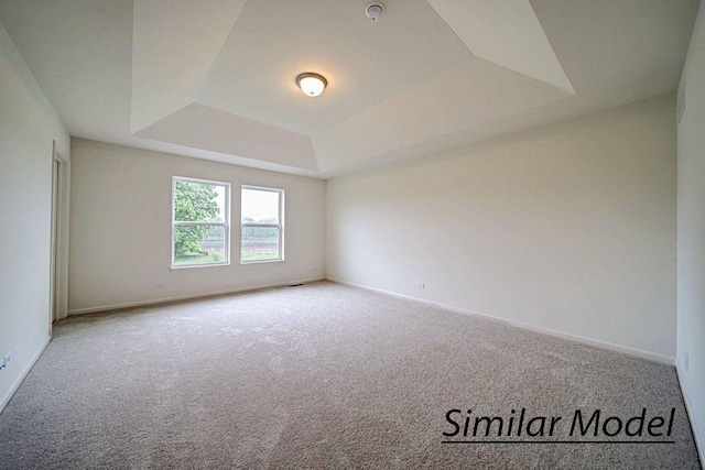 carpeted spare room with a raised ceiling