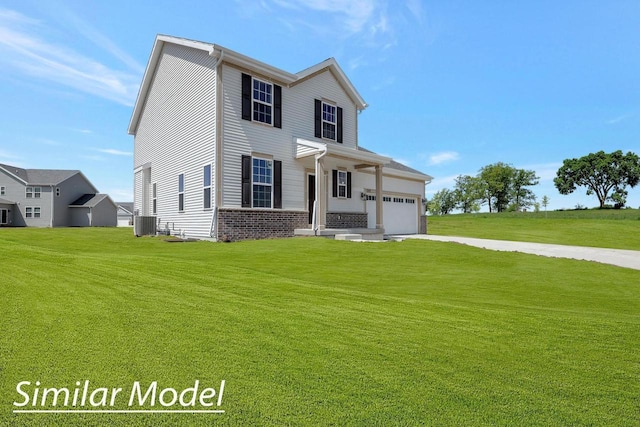 view of front of property featuring central AC unit, a garage, and a front lawn