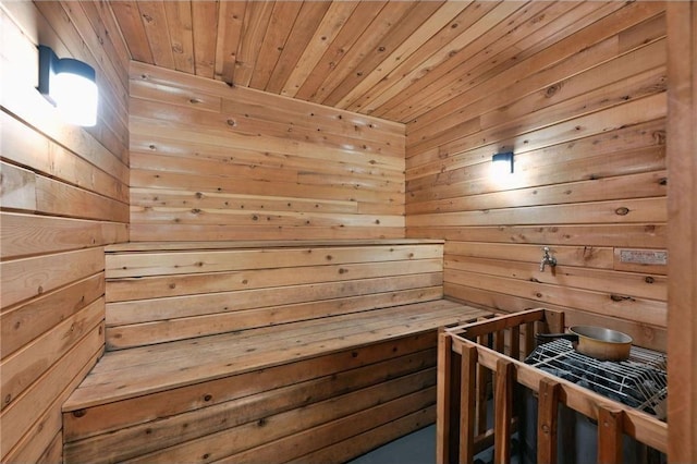 view of sauna with wood ceiling