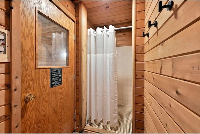 bathroom with wooden walls