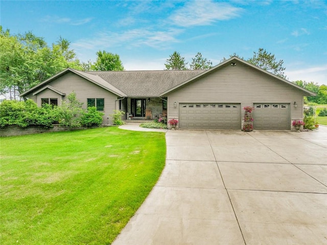 single story home featuring a front lawn and a garage