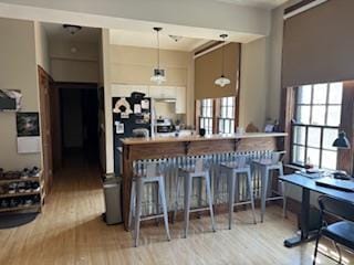 bar featuring light hardwood / wood-style floors and pendant lighting