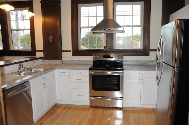 kitchen with ventilation hood, light wood-type flooring, white cabinetry, stainless steel appliances, and sink