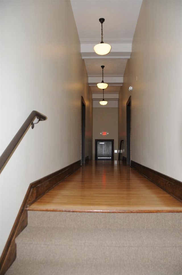 staircase featuring ornamental molding, hardwood / wood-style floors, and a fireplace