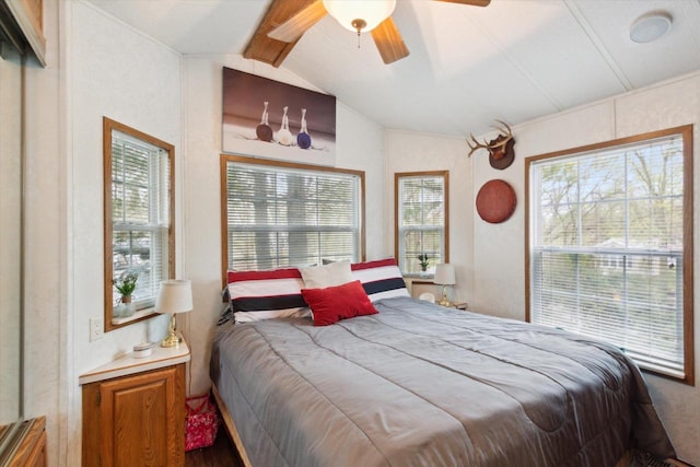 bedroom with lofted ceiling, ceiling fan, and multiple windows