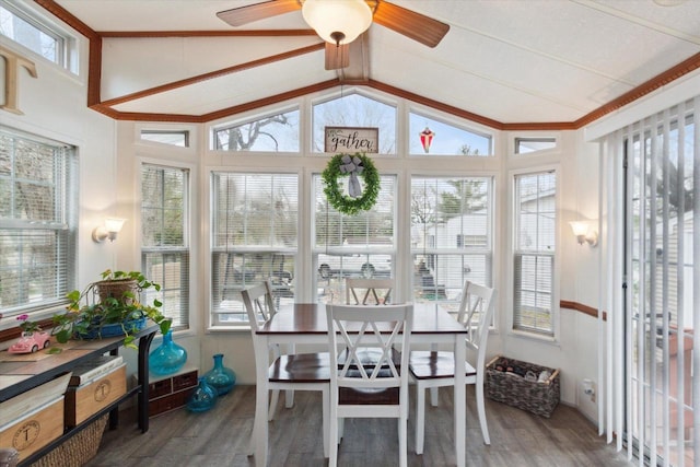 sunroom with ceiling fan, a wealth of natural light, and vaulted ceiling